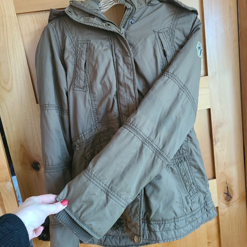 American Eagle Y2K Army Green Military Parka‎ Jacket Faux Fur Hood Sherpa MEDIUM - Picture 9 of 14